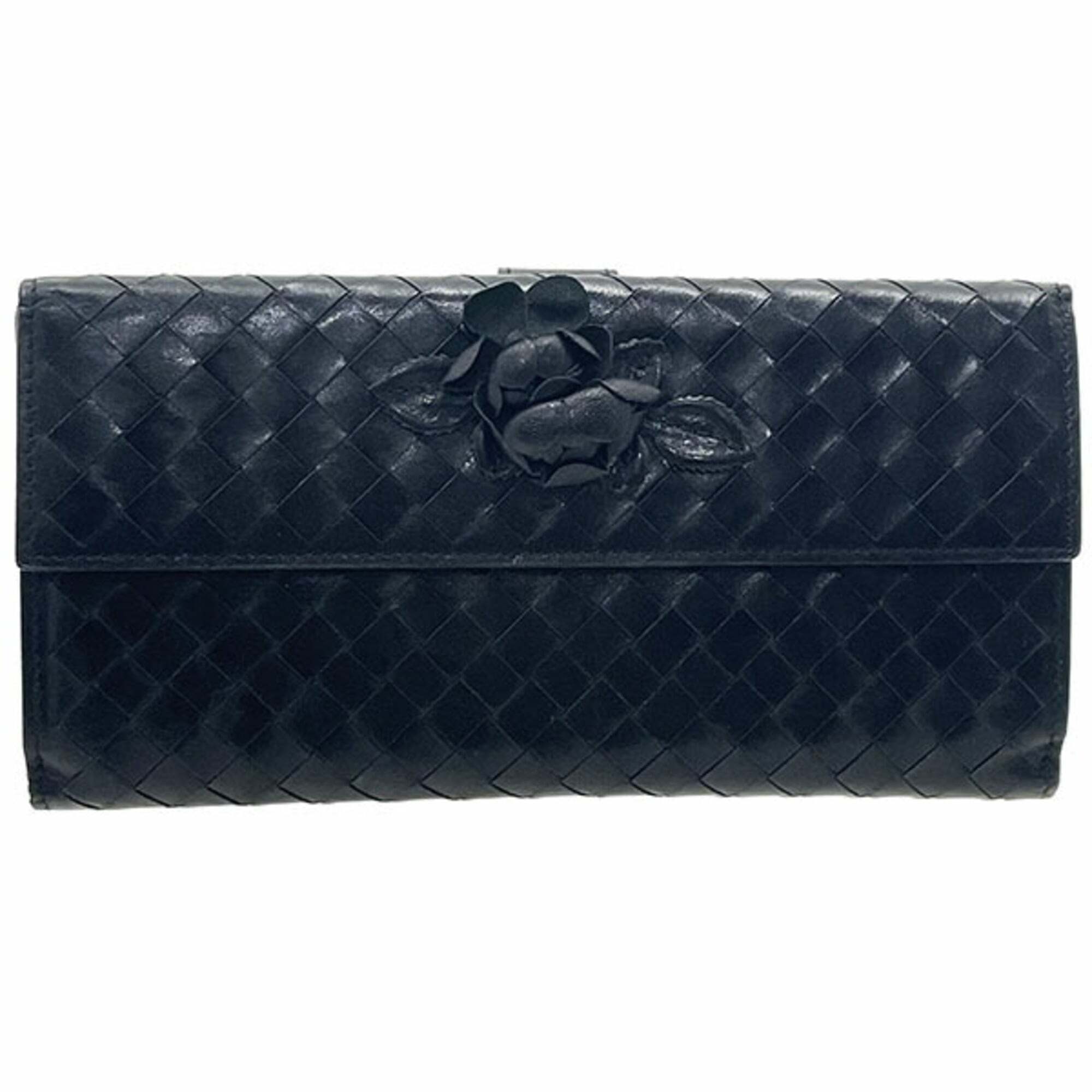 Bottega Veneta Flower Motif Intrecciato Continental Wallet Leather Black 1340...